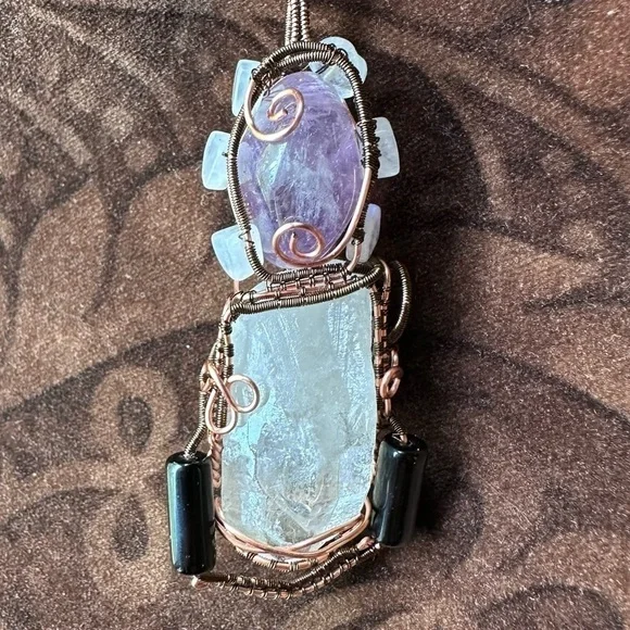 Handmade copper wire wrap pendant necklace gemstone quartz moonstone onyx - Picture 4 of 10